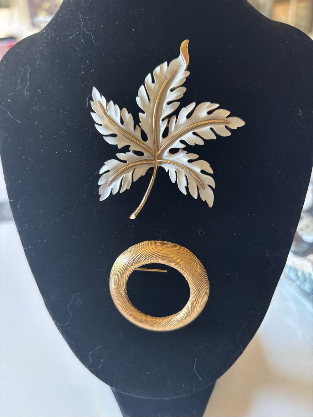 Vintage Trifari Brooch Lot of 2 Gold Tone Textured Circle & Two Tone Leaf Pins